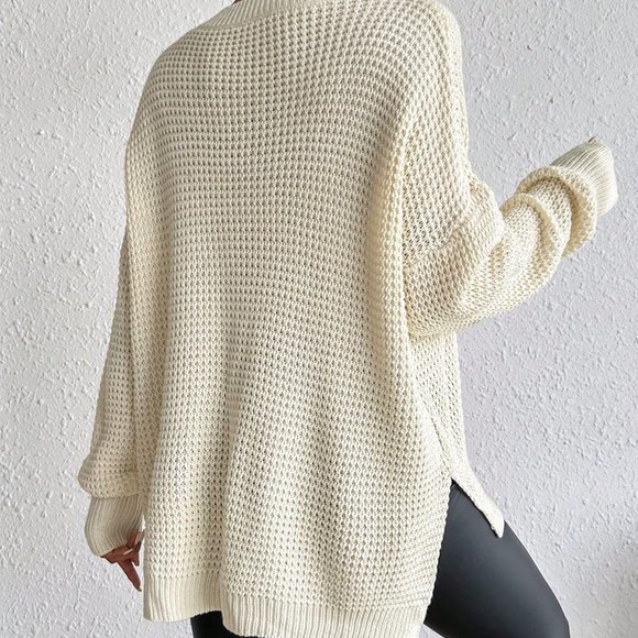 Apricot Casual Womens Half Button Drop Shoulder Waffle Knit Sweater - Picture 4 of 7